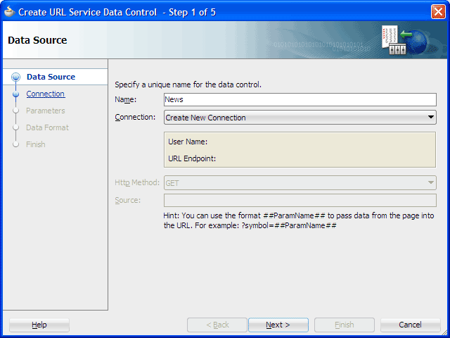 Create URL Service Data Controlウィザード、Data Source