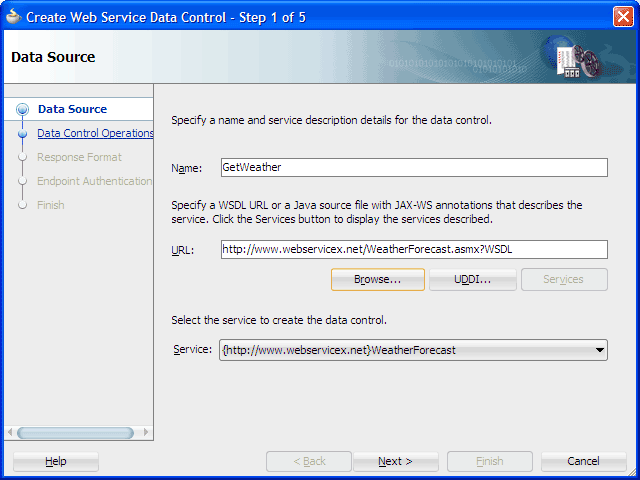 Create Web Service Data Control、Data Source画面