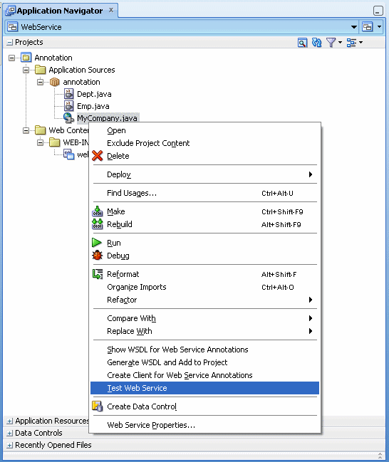 アプリケーション・ナビゲータでのTest Web Serviceの選択