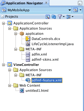アプリケーション・ナビゲータで選択されたadfmf-feature.xml