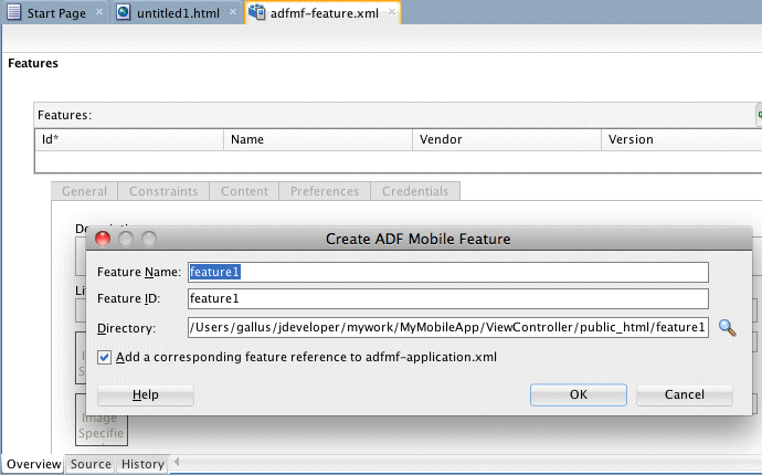 デフォルト値のCreate ADF Mobile Featureペインが表示されたadfmf-feature.xml