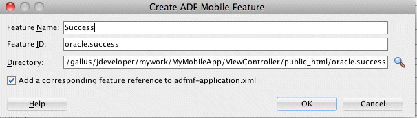 適切な値のCreate ADF Mobile Featureペインが表示されたadfmf-feature.xml
