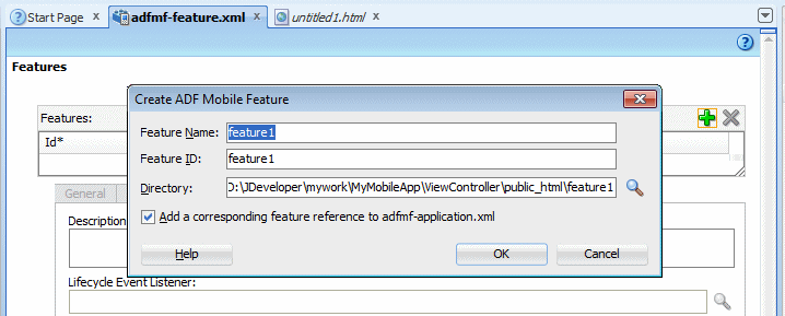 デフォルト値のCreate ADF Mobile Featureペインが表示されたadfmf-feature.xml