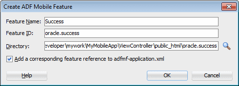 適切な値のCreate ADF Mobile Featureペインが表示されたadfmf-feature.xml