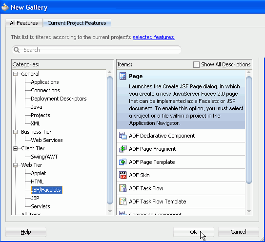 Categoriesペインで「JSF/Facelets」を選択し、Itemsペインで「Page」を選択した状態のNew Gallery