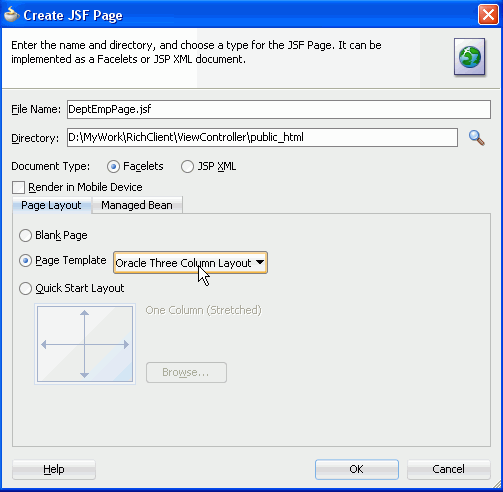 説明のとおりに選択された状態のCreate Pageダイアログ。