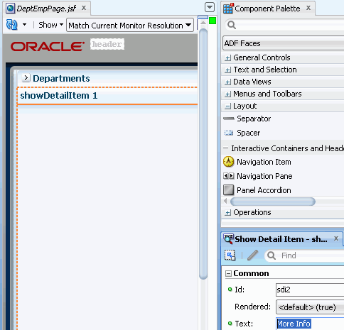 新しい「showDetailItem」を選択し、プロパティ・インスペクタでTextプロパティをMore Infoに設定した設計エディタ。