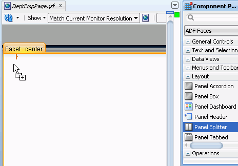 「Panel Splitter」を選択してページにドラッグしている状態のコンポーネント・パレット。