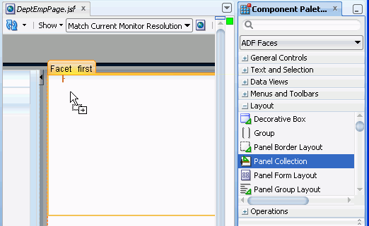 「Panel Collection」プロパティを選択し、ページのfirstファセットにドラッグしている状態のコンポーネント・パレット。