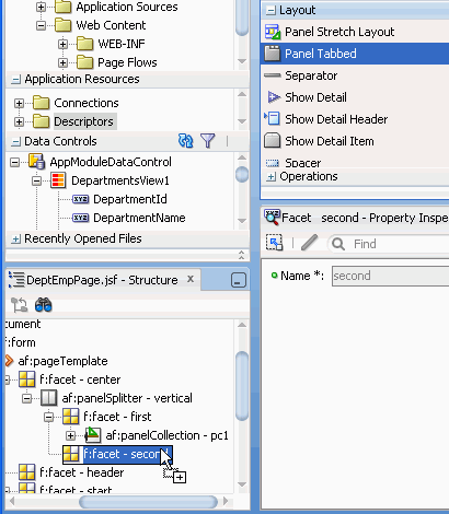 Panel Tabbedコンポーネントを選択し、Structureウィンドウのsecondファセットにドラッグしている状態のコンポーネント・パレット。
