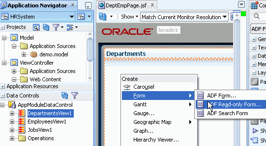 アプリケーション・ナビゲータのData ControlsアコーディオンでDepartmentsView1を選択し、設計エディタのDepartmenstにドラッグし、ADF Read-only Formとして作成しようとしている状態。