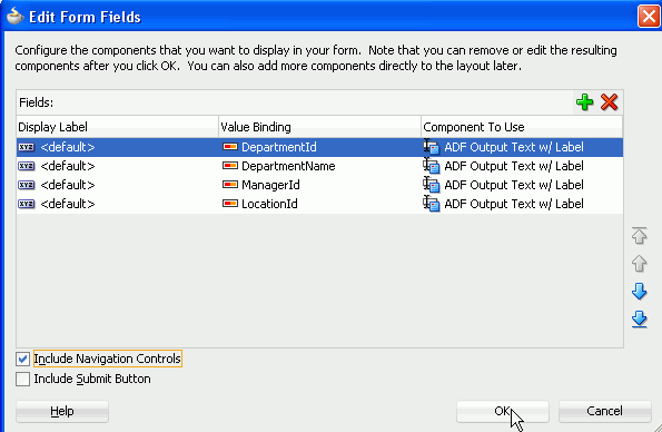「Include Navigation Controls」のチェック・ボックスを選択し、「OK」ボタンにカーソルを合わせている状態のEdit Form Fieldsダイアログ。