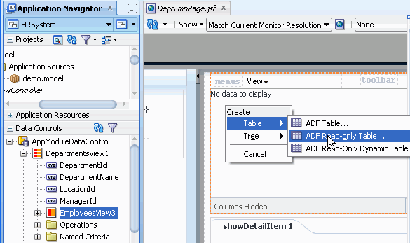 Data Controlsアコーディオンで「<B>EmployeesView3</B>」を選択し、ページのパネル・コレクションのドラッグし、ADF Read-only Tableとして作成している様子。