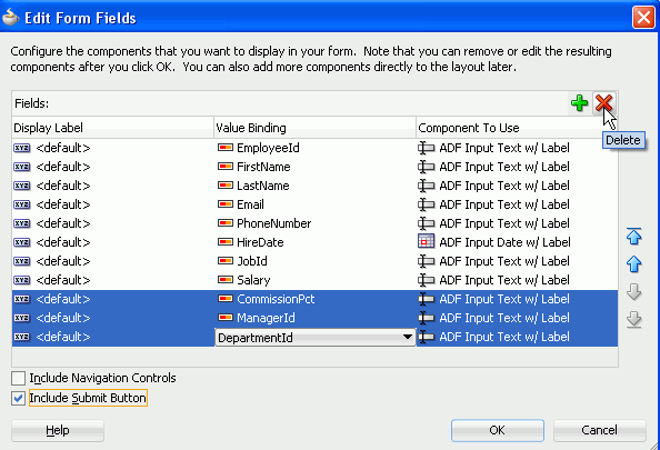 リストの最後にある3つのフィールドを選択し、「Delete」ボタンにカーソルを合わせている状態のEdit Form Fieldsダイアログ。