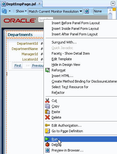コンテキスト・メニューの「Run」オプションを選択した状態のDeptEmpPage。