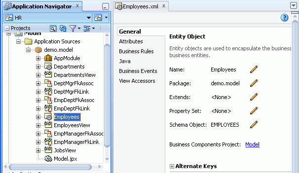 アプリケーション・ナビゲータでEmployeesエンティティ・オブジェクトを選択してEmployees.xmlファイルを開き、編集可能にした状態。