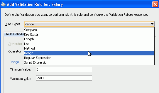 Rule Typeのドロップダウン・ボックスでRangeを選択している状態のAdd Validation Ruleダイアログ。