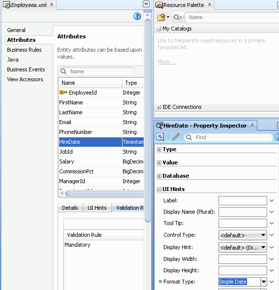 前の図と同じですが、プロパティ・インスペクタではUI Hintsプロパティ・ノードが開かれ、Format TypeプロパティのSimple Dateがハイライト表示されています。