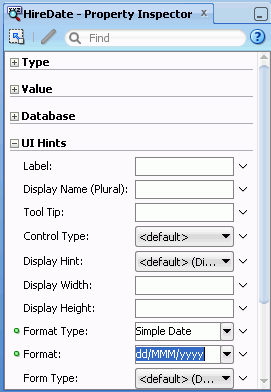 Formatプロパティをdd/MMM/yyyyに設定した状態のプロパティ・インスペクタ。