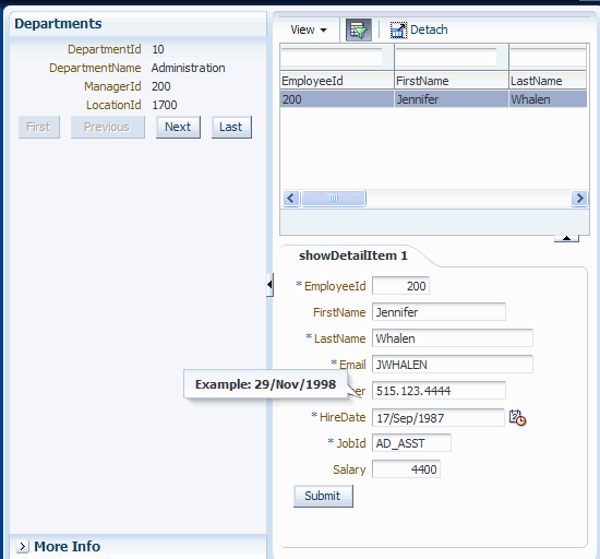 DeptEmpPageを実行したときに、HireDateフィールドの書式を示すポップ・メッセージが表示されている様子。