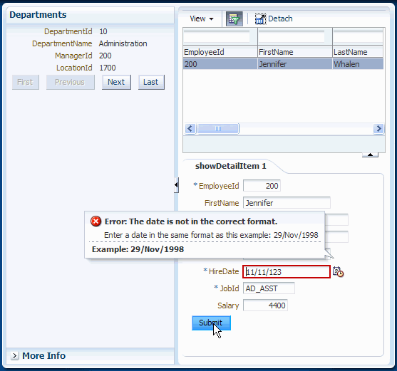 前と同じ実行時の表示ですが、HireDateフィールドに無効な日付が入力されています。 正しい書式が示すエラー・メッセージが表示されます。
