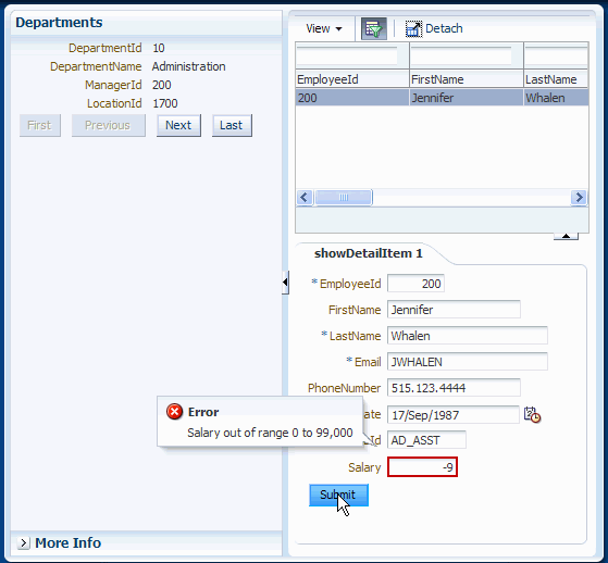 前と同じ実行時の表示で、Salaryフィールドに-9が入力されている様子。 エラー・メッセージが表示されます。