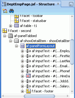 「af:panelFormLayout」を選択した状態のStructureウィンドウ。