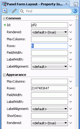 panelFormLayoutのプロパティ・インスペクタでRowsプロパティを5に設定した状態。