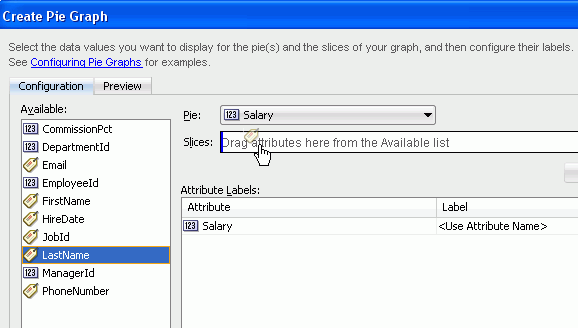 Pieフィールドに「Salary」を選択し、「LastName」をAvailableリストからSlicesフィールドにドラッグ・アンド・ドロップしている状態のCreate Pie Graphダイアログ。