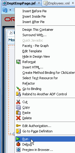 DeptEmpPageにカーソルを合わせ、コンテキスト・メニューの「Run」オプションを選択した状態。