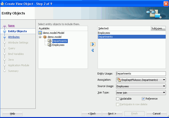 Create View ObjectのStep 2： EmployeesおよびDepartmentsエンティティ・オブジェクトをSelectedボックスに移動した状態