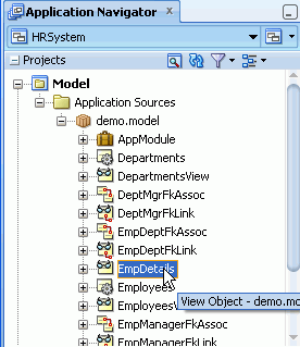 新しいEmpDetailsビュー・オブジェクトを選択した状態のアプリケーション・ナビゲータ。