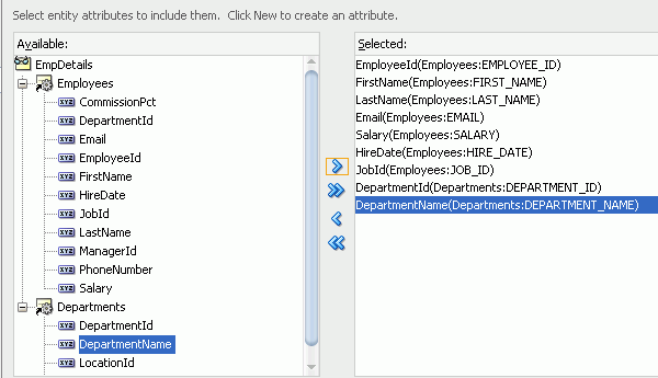 リストされた属性をSelectedペインに表示した状態のAttributesページ。