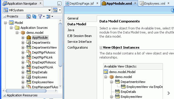 「AppModule」を選択し、編集するために右側にAppModule.xmlを開いた状態のアプリケーション・ナビゲータ。 「Data Model」タブが選択されています。