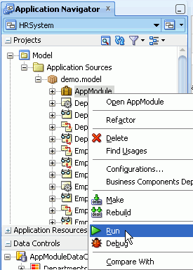 「AppModule」を選択し、コンテキスト・メニューから「Run」を選択した状態のアプリケーション・ナビゲータ。