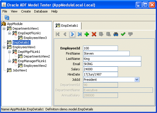 Steven Kingの従業員レコードを表示した状態のBusiness Components Browser。