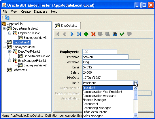 前と同じBusiness Components Browserに、役職名のリストを表示するLOV_JobIdポップアップが表示されています。 カーソルをAdministration Assistantに合わせます。