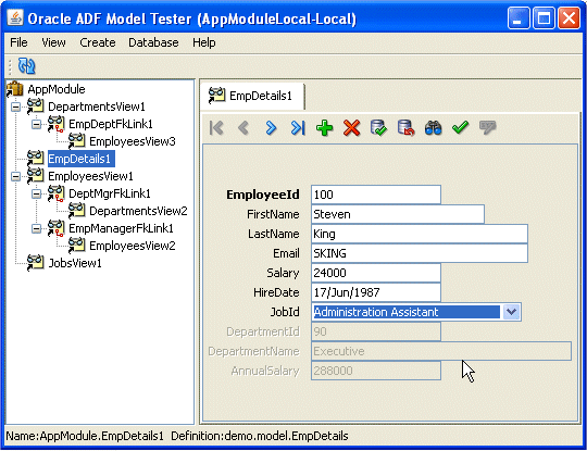 Business Components Browser:JobIdフィールドに役職名Administration Assistantが移入されています。