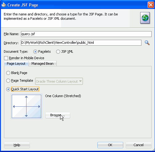 問合せページのCreate JSF PageダイアログでBrowseボタンにカーソルを合わせている様子。
