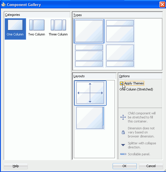 Categories、TypesおよびLayoutsの各ペインでOne Columnを選択した状態のComponent Gallery。 「Apply Themes」チェック・ボックスが選択されています。