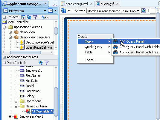Data Controlsアコーディオンで「All Queriable Attributes」を選択した状態のアプリケーション・ナビゲータ。 右側の空のページでは、「Query」→「ADF Query Panel」を選択した状態のCreateボックスが表示されています。