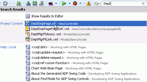 ページの右上にある検索ボックスにDeptと入力されています。 ウィンドウには検索操作の結果が表示され、DeptEmpPageが選択されています。