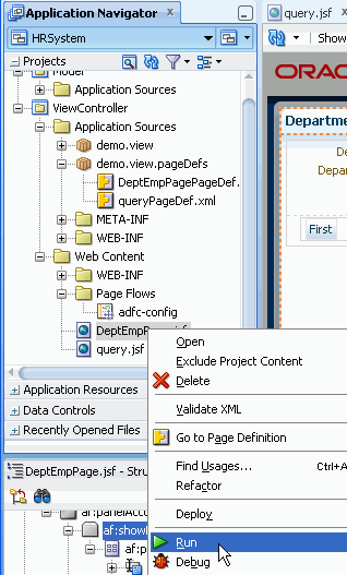 「DeptEmpPage」を選択し、コンテキスト・メニューから「Run」を選択した状態のアプリケーション・ナビゲータ。