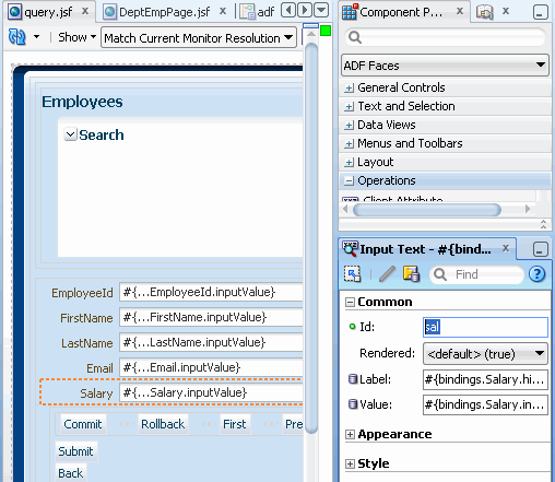 「Salary」フィールドを選択した状態のQueryページ。右側は、Idプロパティにsalが設定されている様子を示すプロパティ・インスペクタ。