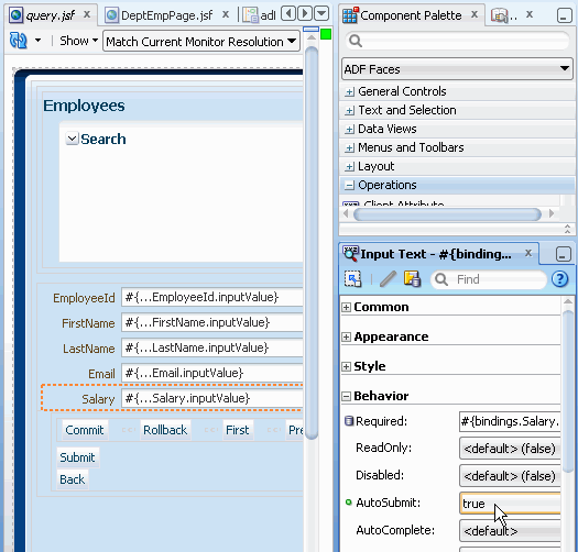 AutoSubmitプロパティをtrueに設定した様子を示すプロパティ・インスペクタ。