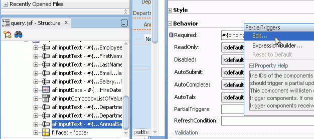 「AnnualSalary」フィールドを選択した状態のStructureウィンドウ。右側にプロパティ・インスペクタがあり、PartialTriggersプロパティのドロップダウン・リストで「Edit」オプションが選択されています。