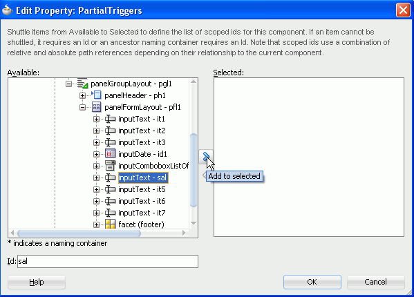 Edit Property: Partial Triggersダイアログ。「inputText -sal」を選択して右向きの矢印にカーソルを合わせている様子。
