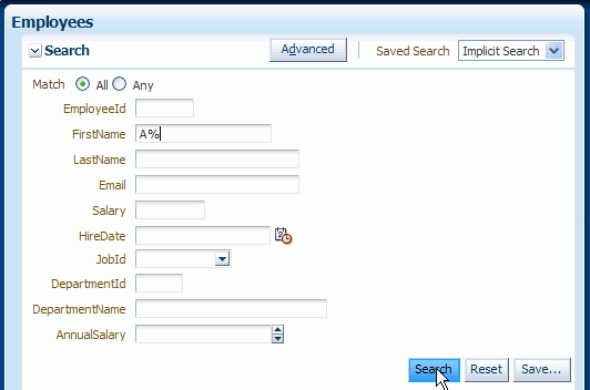 FirstNameフィールドにA%を入力し、Searchボタンにカーソルを合わせた状態のSearchページ。
