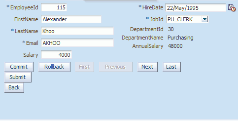Salaryを更新したAlexander Khooのレコード。Salaryフィールドからカーソルを移動したため、AnnualSalaryも更新されています。
