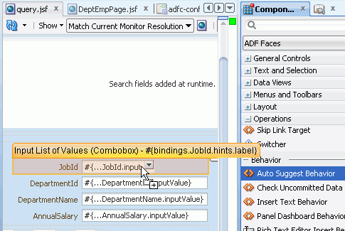 queryページの右側にコンポーネント・パレットが表示され、「Auto Suggest Behavior」操作を選択してカーソルを使用してJobIdフィールドにドロップしようとしている様子。